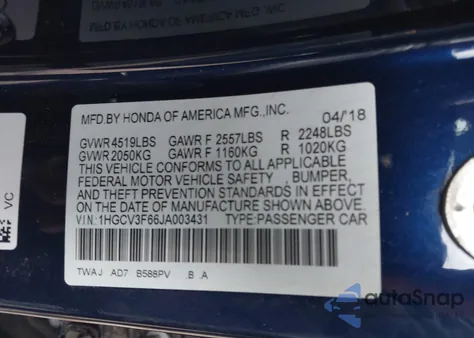 2018 Honda Accord Hybrid Ex-L из США, поврежденный, VIN 1HGCV3F66JA003431